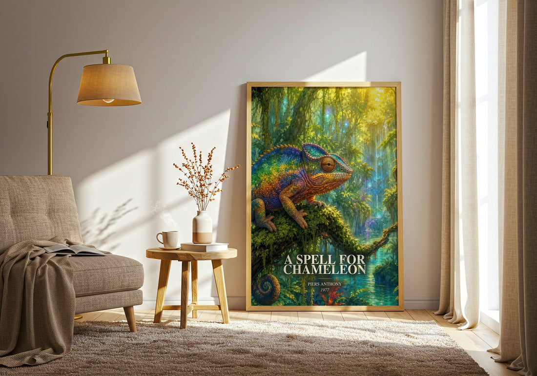A Spell for Chameleon watercolour print in frame leaning in hallway – fantasy wall art (mockup)