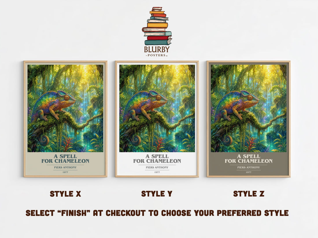 A Spell for Chameleon book cover print in frame leaning in hallway – fantasy wall art (mockup)