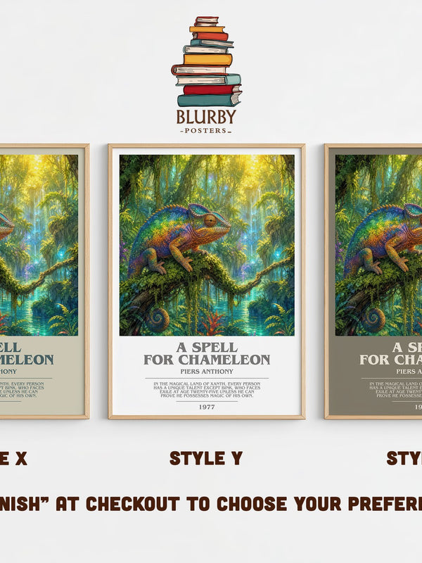 A Spell for Chameleon bookish print in frame leaning in hallway – fantasy wall art