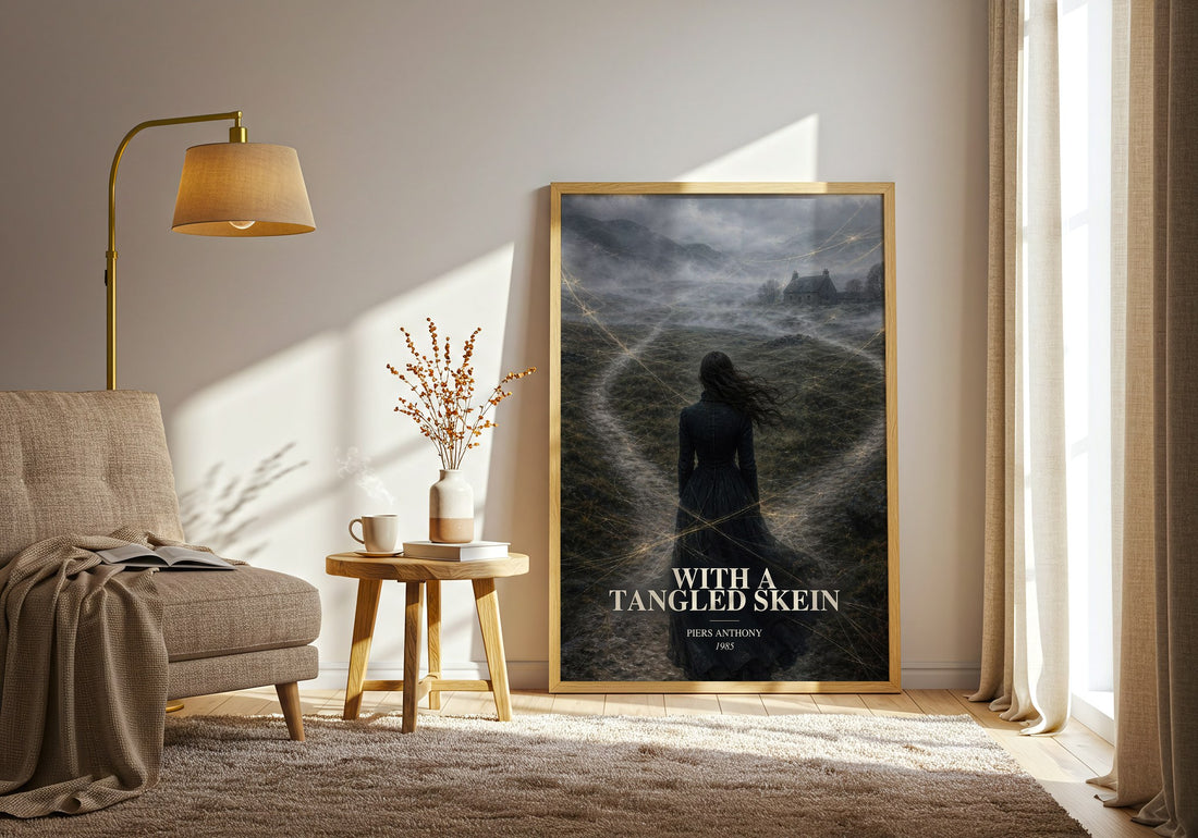 With a Tangled Skein watercolour print in frame leaning in hallway – fantasy wall art (mockup)