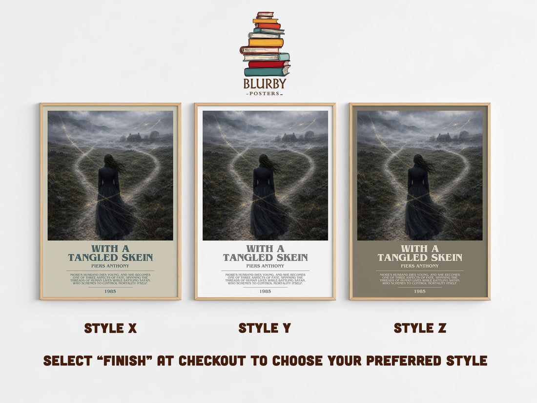With a Tangled Skein bookish print in frame leaning in hallway – fantasy wall art (mockup)
