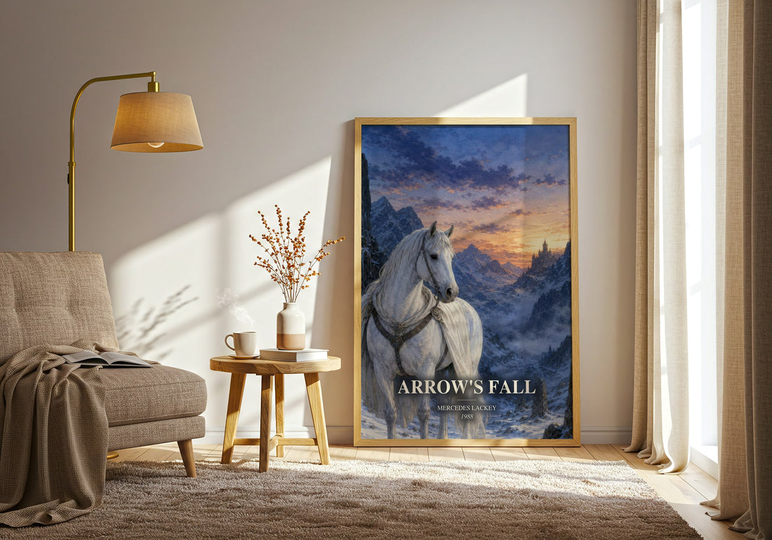 Arrow's Fall watercolour print in frame leaning in hallway – fantasy wall art (mockup)