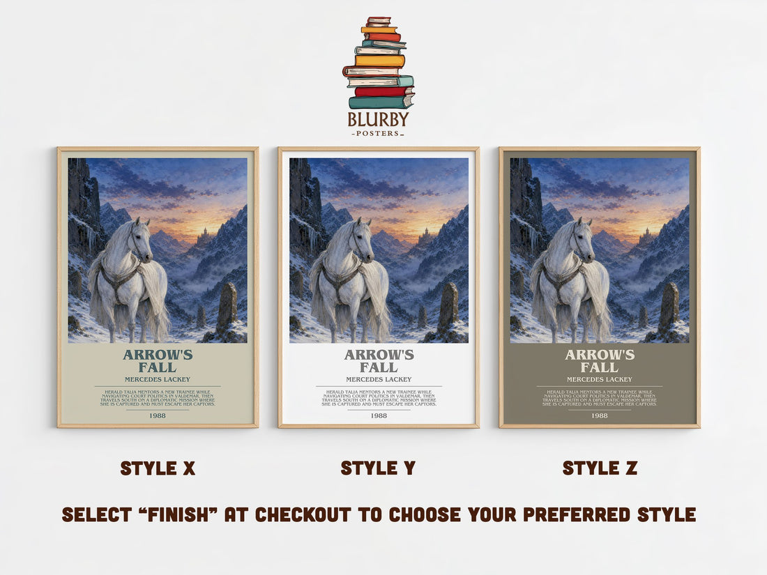 Arrow's Fall bookish print in frame leaning in hallway – fantasy wall art (mockup)