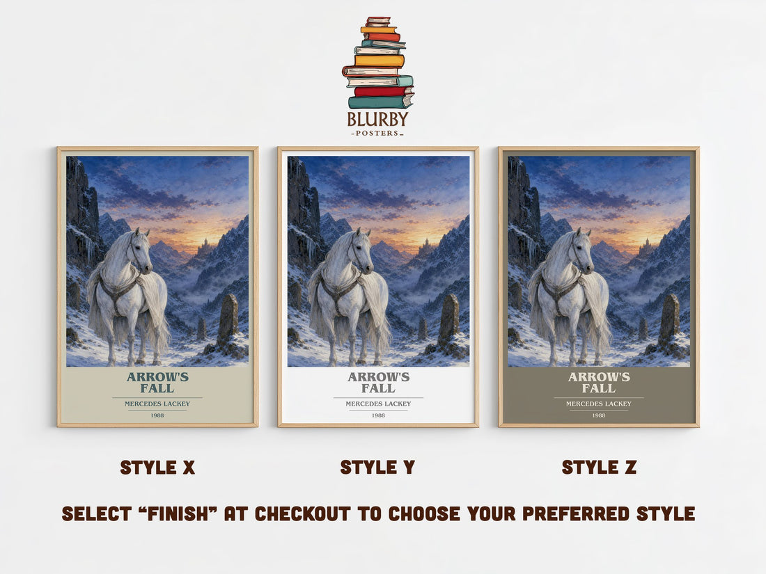 Arrow's Fall book cover print in frame leaning in hallway – fantasy wall art (mockup)