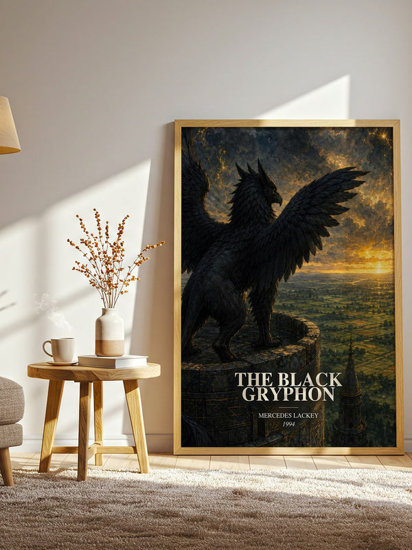 The Black Gryphon watercolour print in frame leaning in hallway – fantasy wall art