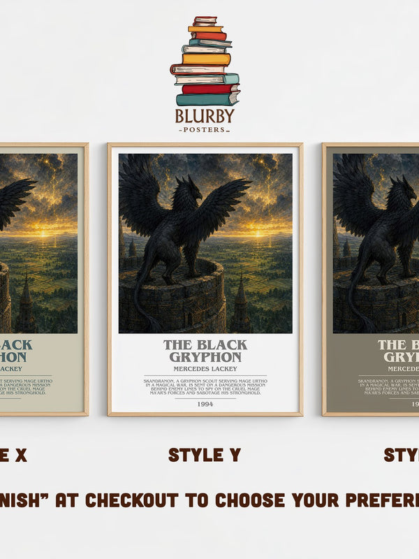 The Black Gryphon bookish print in frame leaning in hallway – fantasy wall art