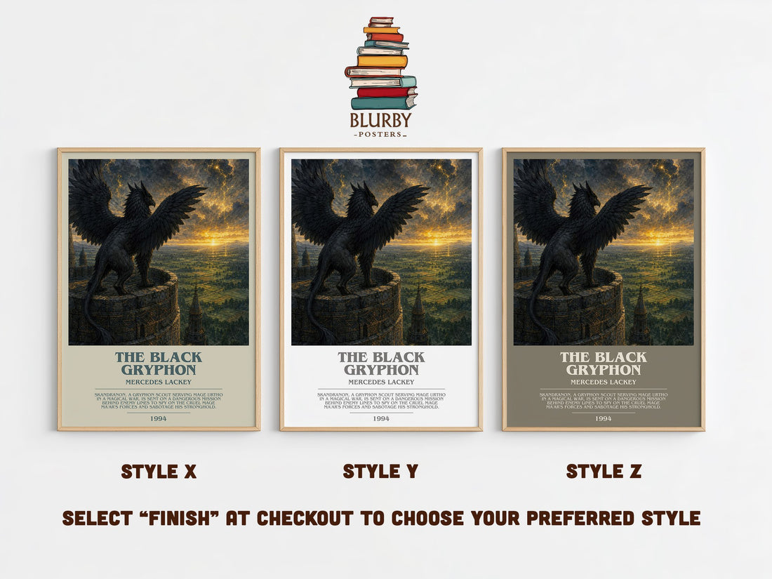 The Black Gryphon bookish print in frame leaning in hallway – fantasy wall art (mockup)