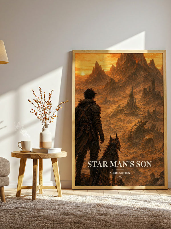 Star Man's Son watercolour print in frame leaning in hallway – sci fi wall art