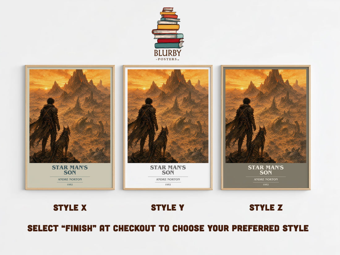 Star Man's Son book cover print in frame leaning in hallway – sci fi wall art (mockup)