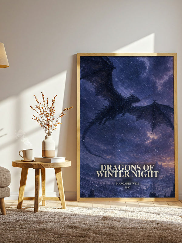 Dragons of Winter Night watercolour print in frame leaning in hallway – fantasy wall art