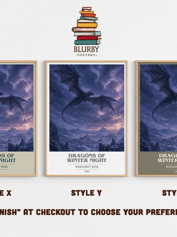 Dragons of Winter Night book cover print in frame leaning in hallway – fantasy wall art