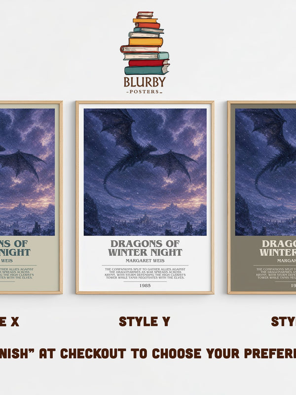 Dragons of Winter Night bookish print in frame leaning in hallway – fantasy wall art