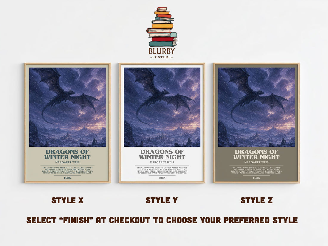 Dragons of Winter Night bookish print in frame leaning in hallway – fantasy wall art (mockup)