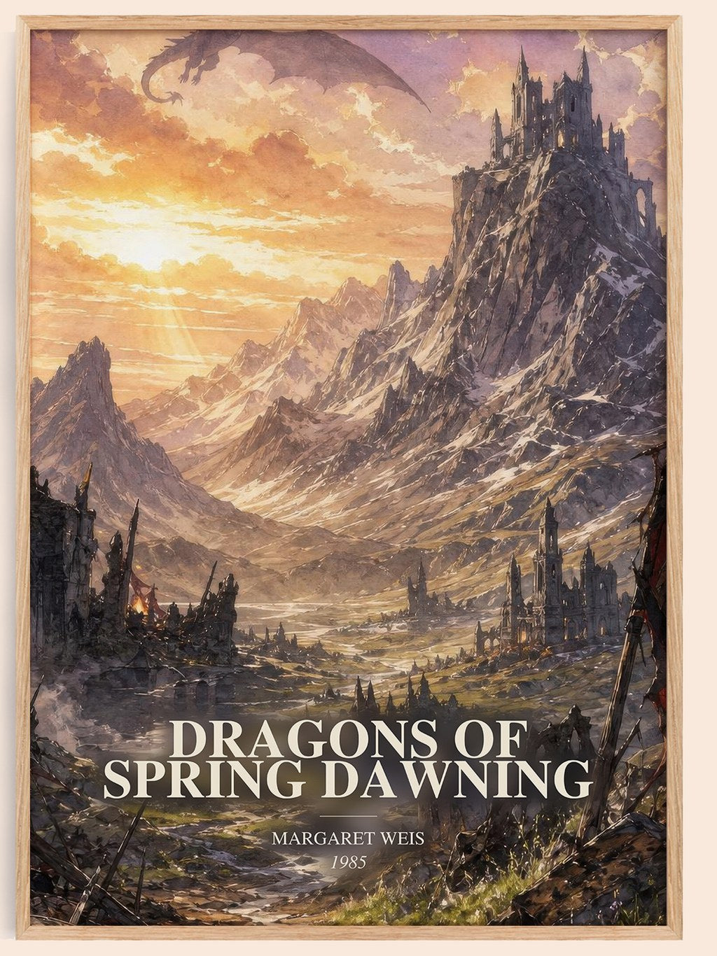 Dragons of Spring Dawning watercolour book poster by Margaret Weis – framed literary art print