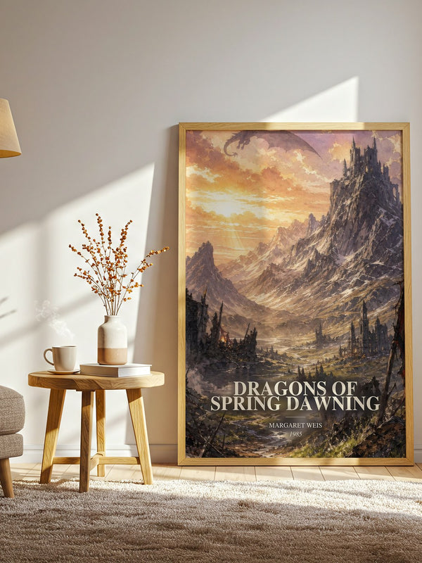 Dragons of Spring Dawning watercolour print in frame leaning in hallway – fantasy wall art