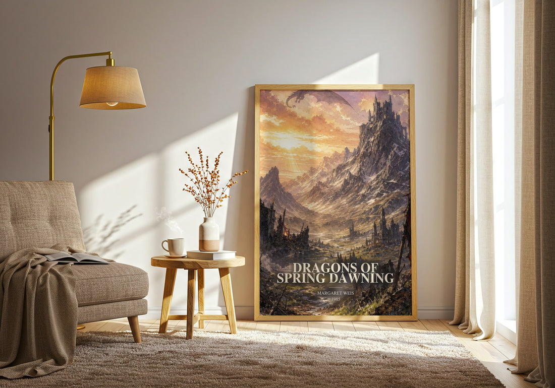 Dragons of Spring Dawning watercolour print in frame leaning in hallway – fantasy wall art (mockup)