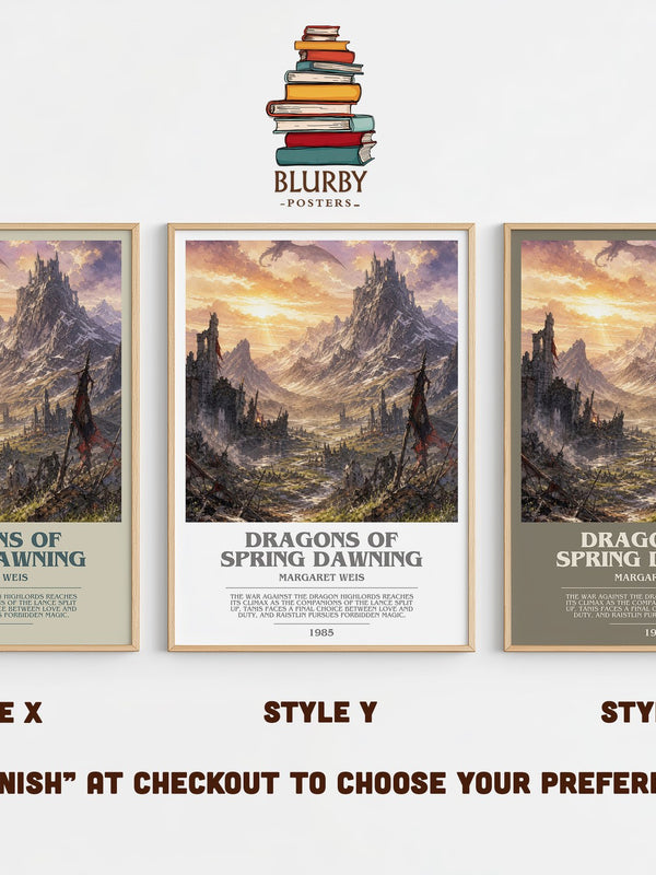 Dragons of Spring Dawning bookish print in frame leaning in hallway – fantasy wall art
