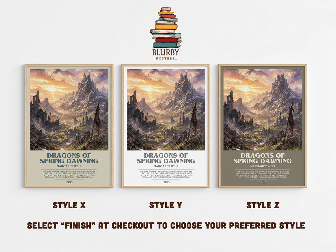 Dragons of Spring Dawning bookish print in frame leaning in hallway – fantasy wall art (mockup)
