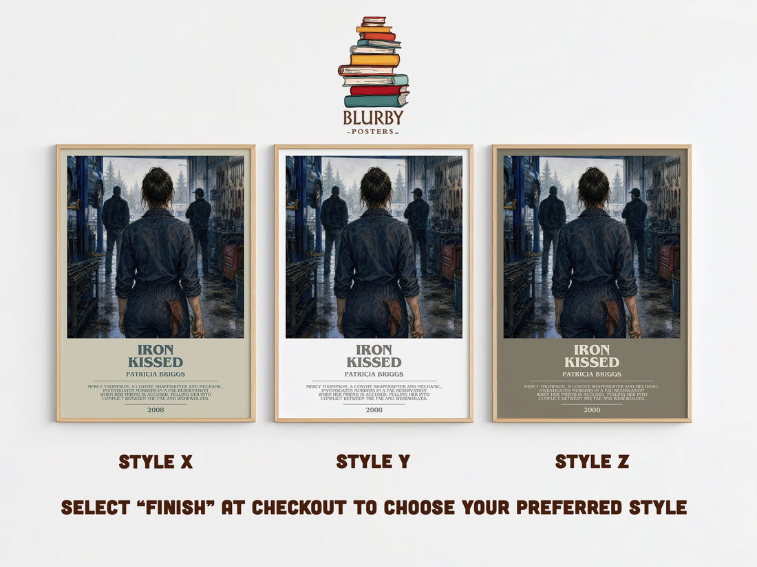 Iron Kissed bookish print in frame leaning in hallway – fantasy wall art (mockup)