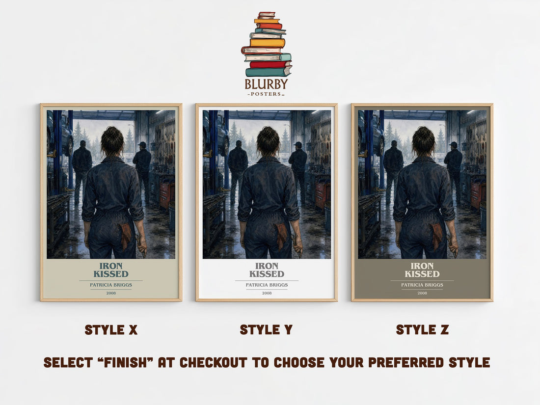Iron Kissed book cover print in frame leaning in hallway – fantasy wall art (mockup)