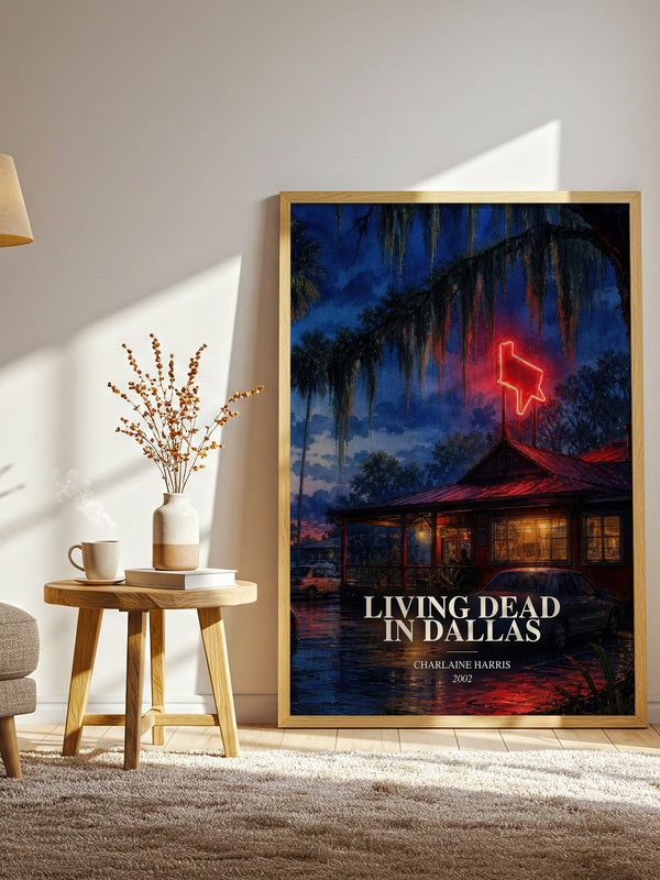 Living Dead in Dallas watercolour print in frame leaning in hallway – fantasy wall art