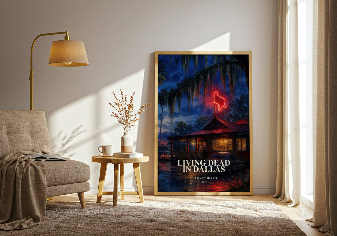 Living Dead in Dallas watercolour print in frame leaning in hallway – fantasy wall art (mockup)