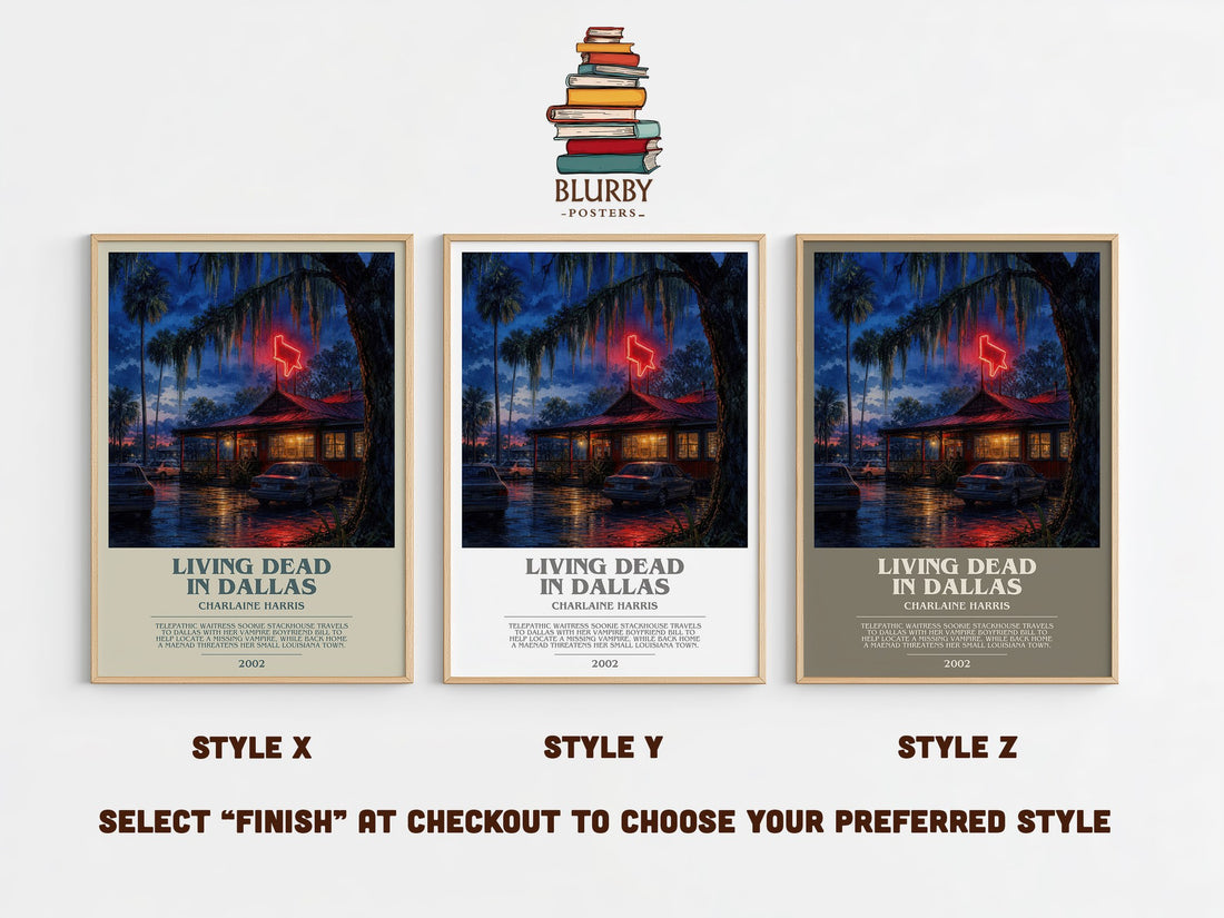 Living Dead in Dallas bookish print in frame leaning in hallway – fantasy wall art (mockup)