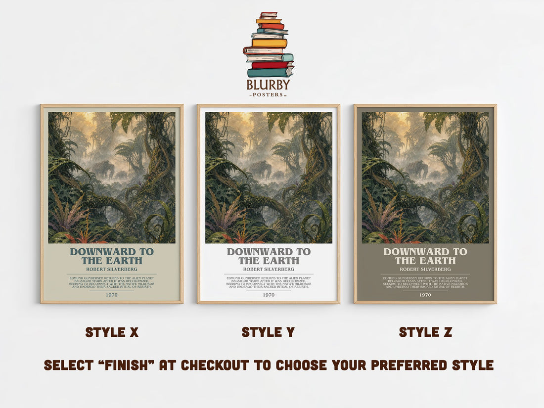 Downward to the Earth bookish print in frame leaning in hallway – sci fi wall art (mockup)