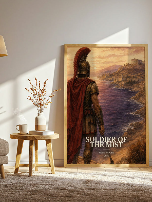 Soldier of the Mist watercolour print in frame leaning in hallway – fantasy wall art