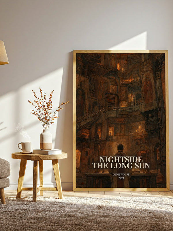 Nightside the Long Sun watercolour print in frame leaning in hallway – sci fi wall art