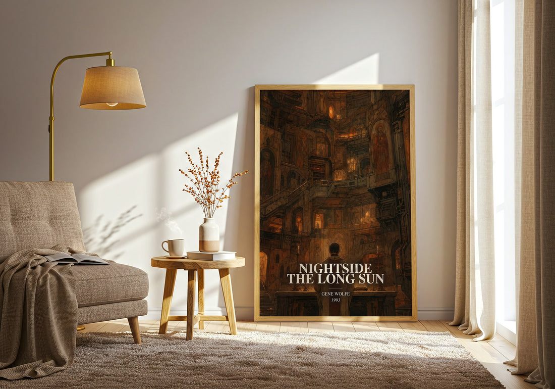 Nightside the Long Sun watercolour print in frame leaning in hallway – sci fi wall art (mockup)