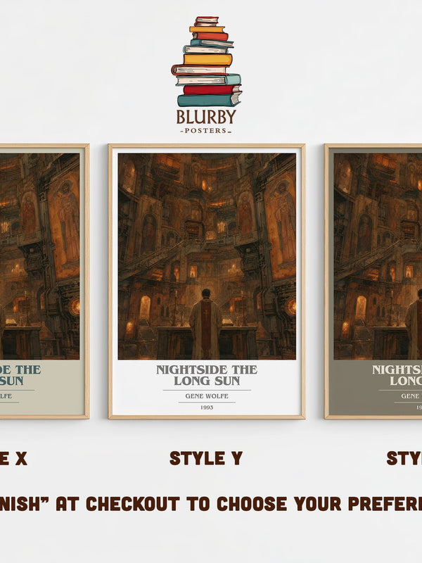 Nightside the Long Sun book cover print in frame leaning in hallway – sci fi wall art