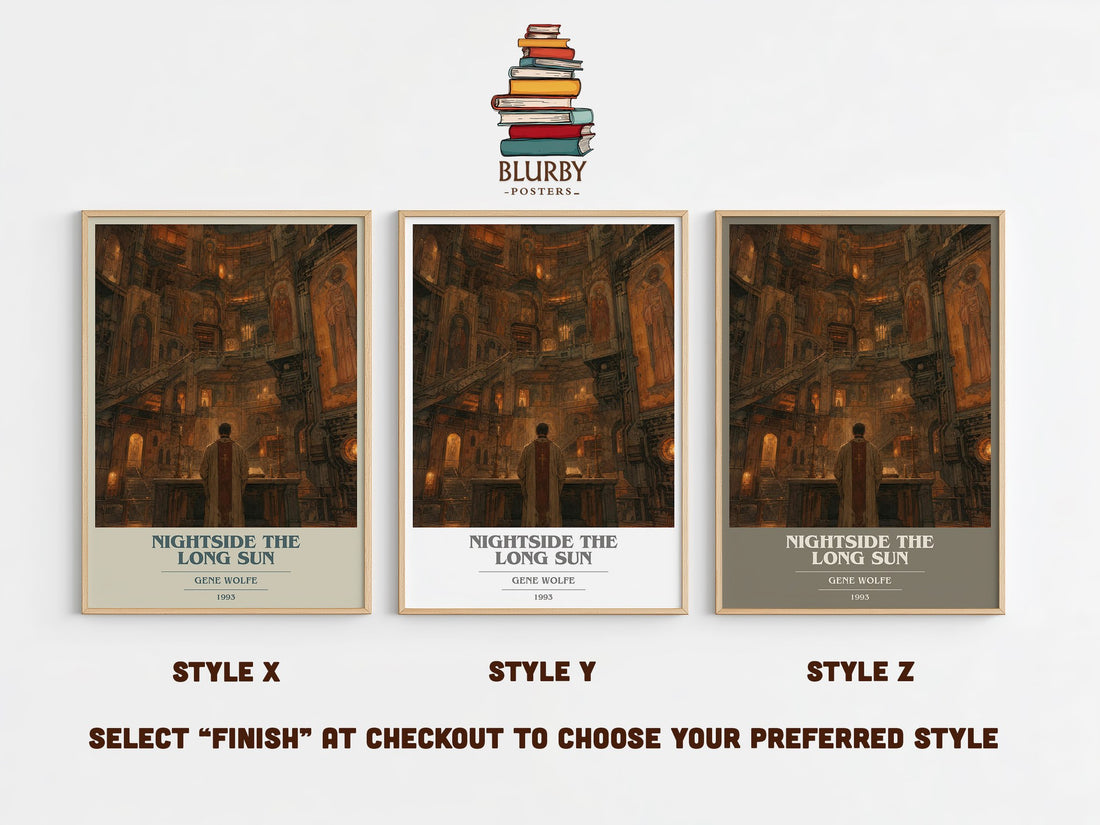 Nightside the Long Sun book cover print in frame leaning in hallway – sci fi wall art (mockup)