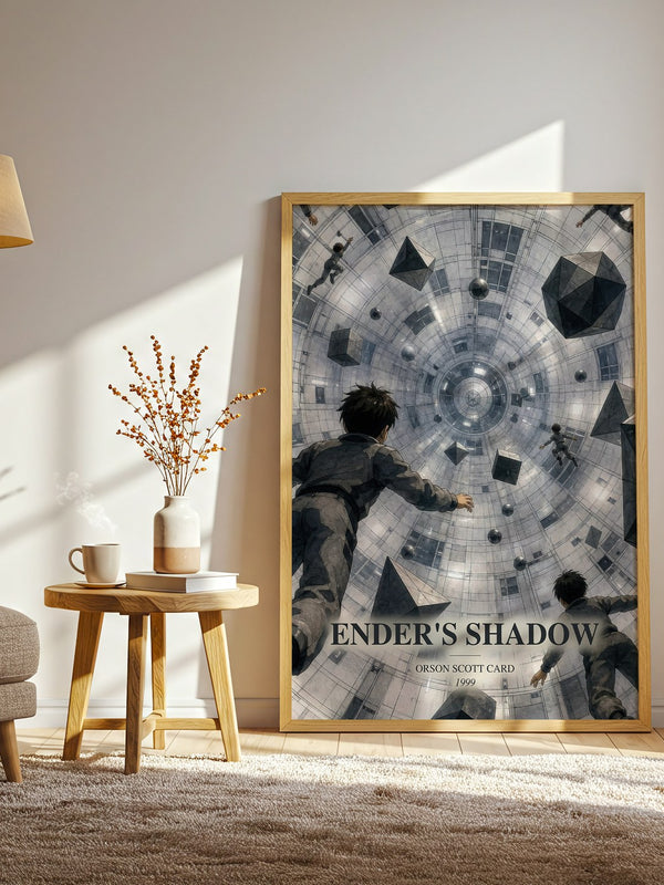 Ender's Shadow watercolour print in frame leaning in hallway – sci fi wall art
