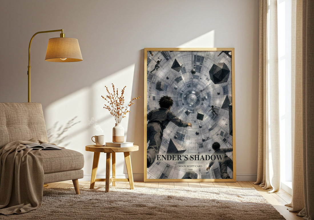 Ender's Shadow watercolour print in frame leaning in hallway – sci fi wall art (mockup)