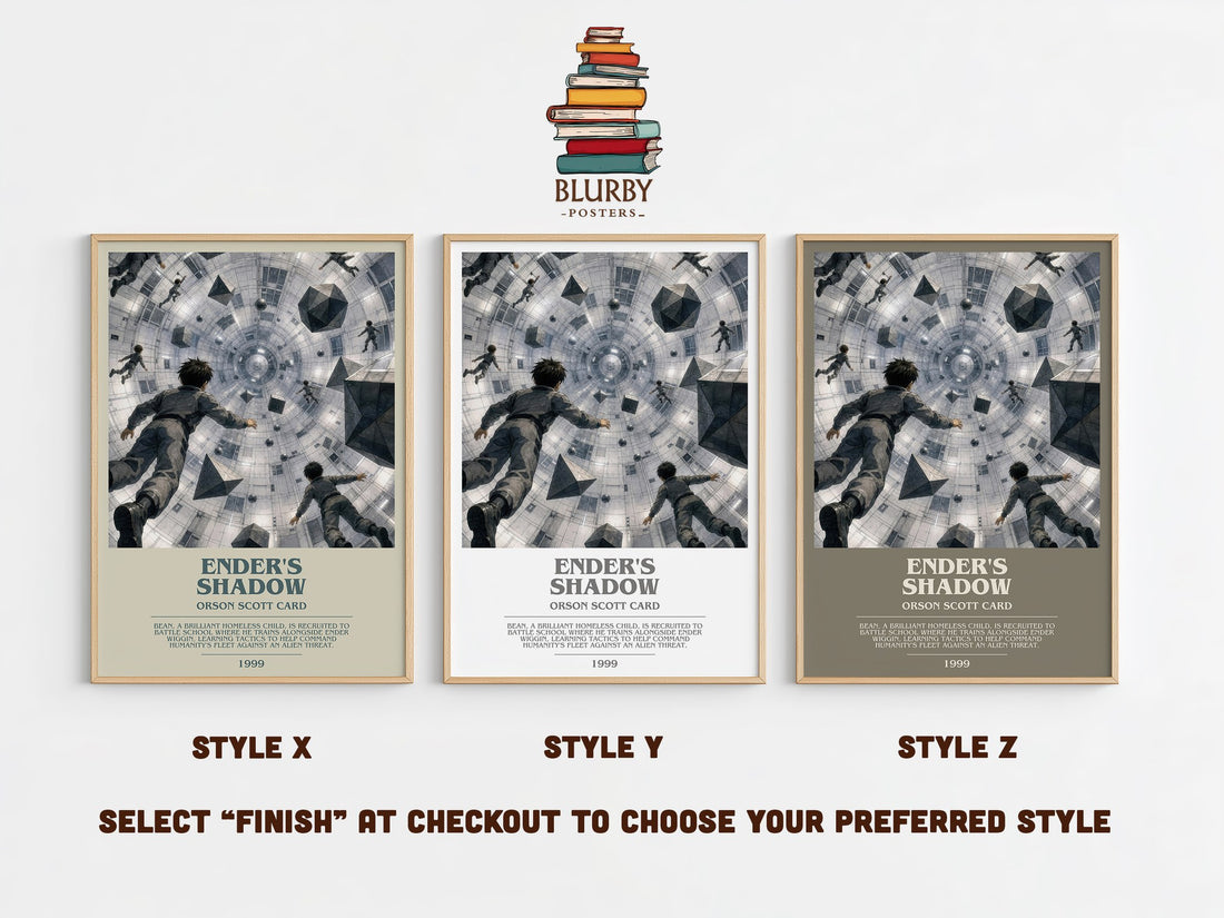 Ender's Shadow bookish print in frame leaning in hallway – sci fi wall art (mockup)