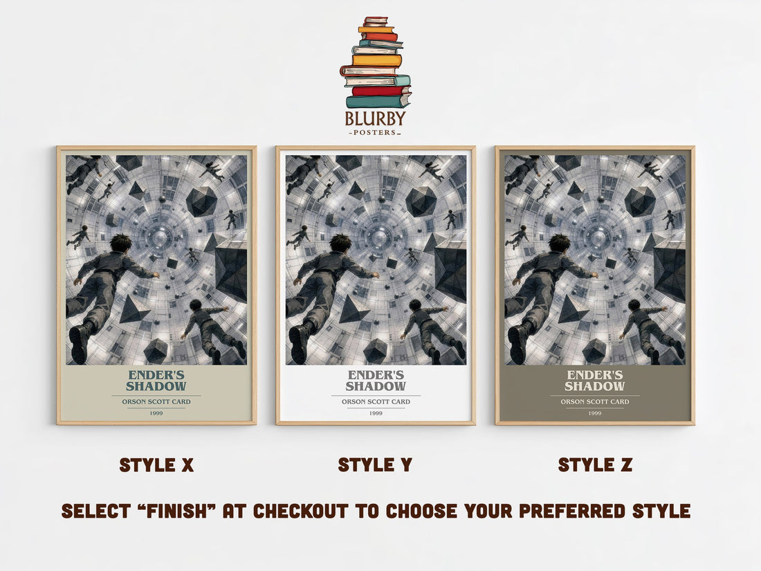 Ender's Shadow book cover print in frame leaning in hallway – sci fi wall art (mockup)