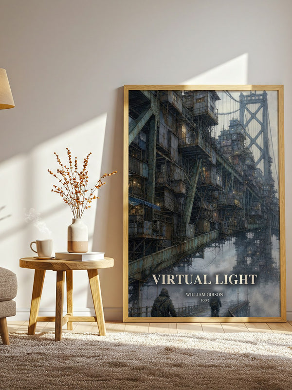 Virtual Light watercolour print in frame leaning in hallway – sci fi wall art