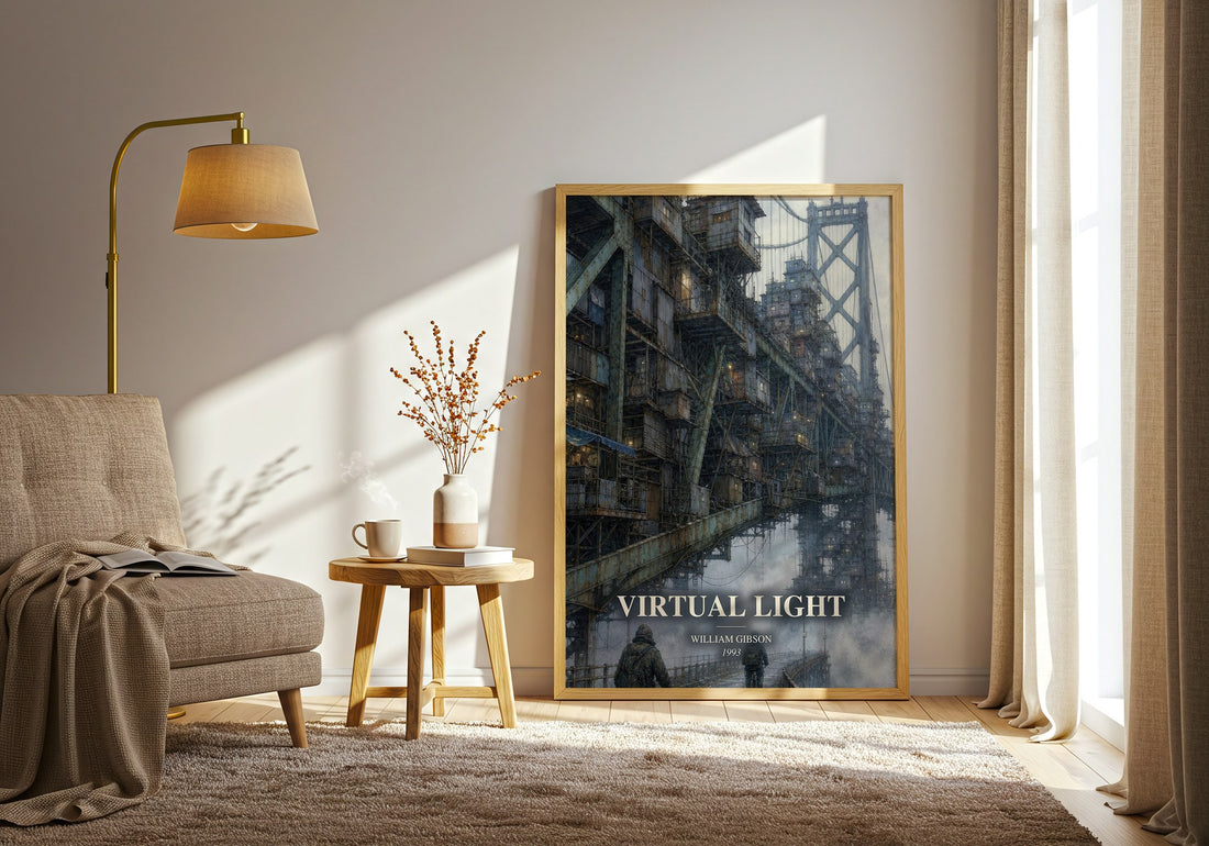 Virtual Light watercolour print in frame leaning in hallway – sci fi wall art (mockup)
