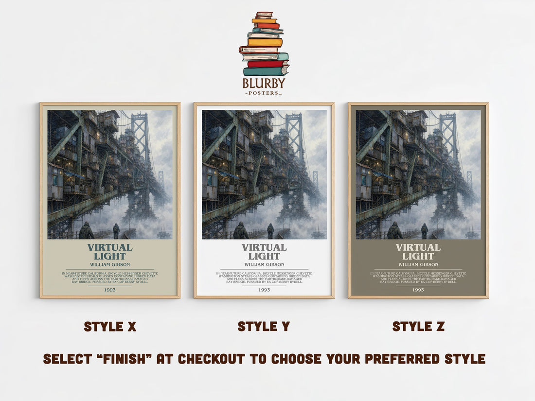 Virtual Light bookish print in frame leaning in hallway – sci fi wall art (mockup)
