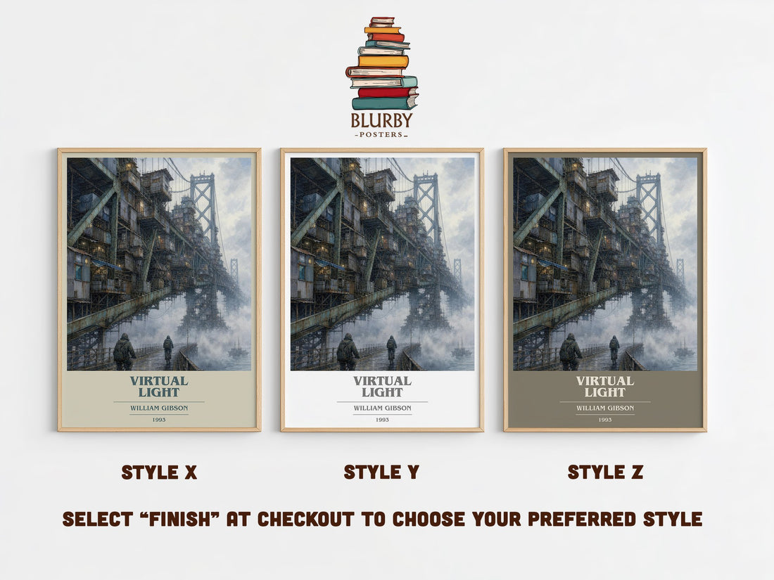 Virtual Light book cover print in frame leaning in hallway – sci fi wall art (mockup)
