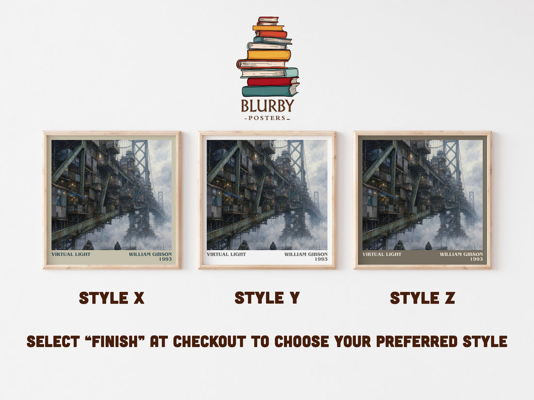 Virtual Light literary print in frame leaning in hallway – sci fi wall art (mockup)