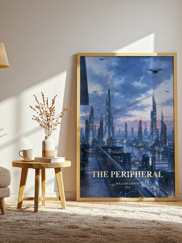 The Peripheral watercolour print in frame leaning in hallway – sci fi wall art