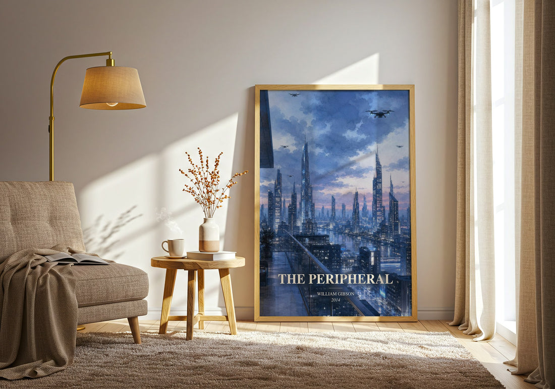The Peripheral watercolour print in frame leaning in hallway – sci fi wall art (mockup)