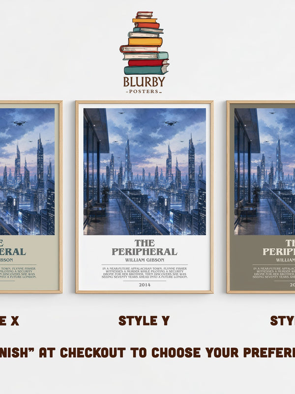 The Peripheral bookish print in frame leaning in hallway – sci fi wall art