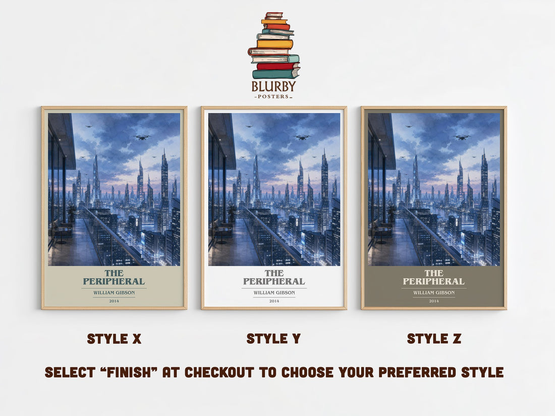 The Peripheral book cover print in frame leaning in hallway – sci fi wall art (mockup)