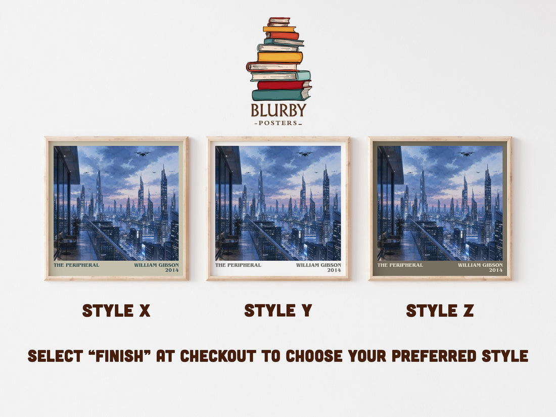 The Peripheral literary print in frame leaning in hallway – sci fi wall art (mockup)