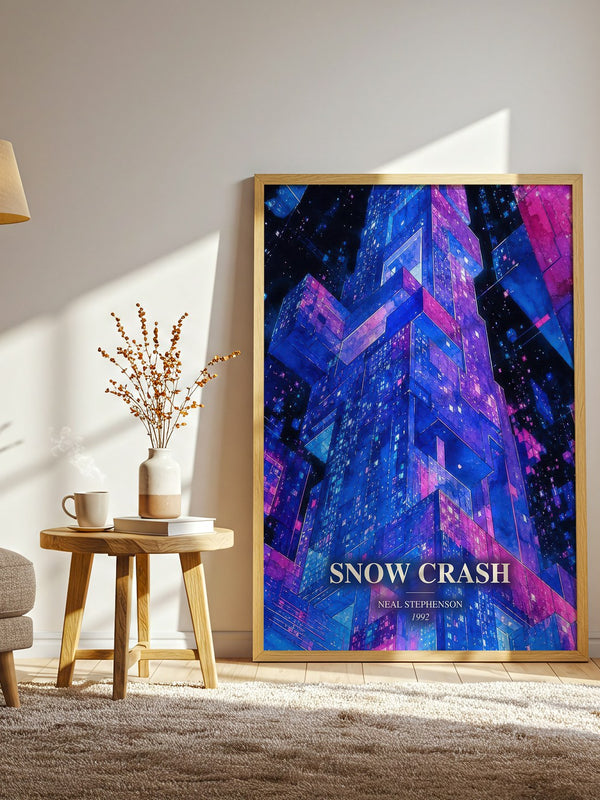Snow Crash watercolour print in frame leaning in hallway – sci fi wall art