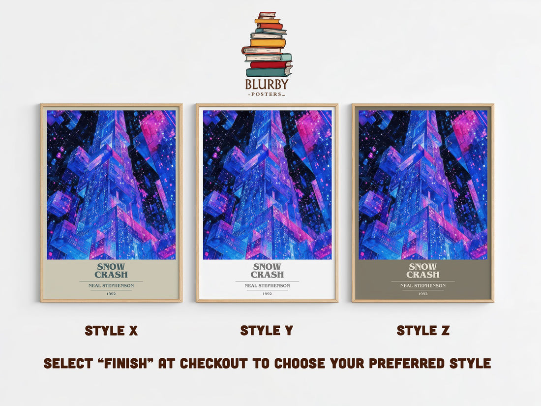 Snow Crash book cover print in frame leaning in hallway – sci fi wall art (mockup)