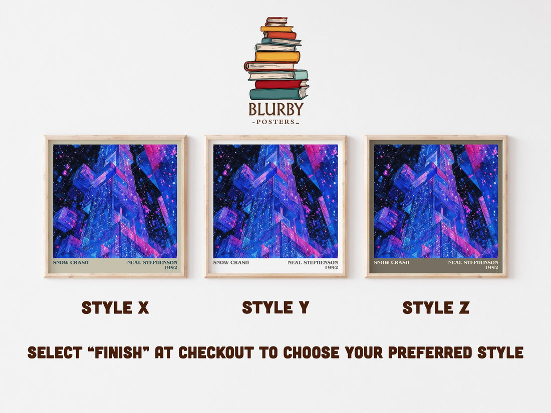 Snow Crash literary print in frame leaning in hallway – sci fi wall art (mockup)